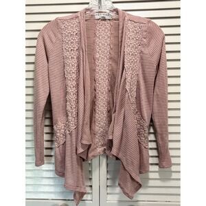 Pink Republic Pink/Gray Striped Crochet Open Cardigan Long Sleeve Size M (10-12)